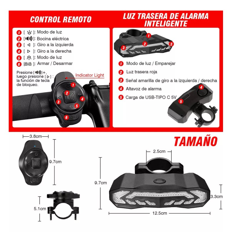 Trixter Luz Direccional Bicicleta Recargable Alarma Antirrobo Claxon