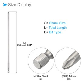 CoCud Phillips Cross Screwdriver Bits, PH2 250mm Long 1/4" Hex Shank, S2 Magnetic Phillips Drill Bit - (Applications: for Power Impact Driver), 2-Pieces