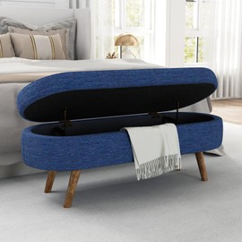 Upholstered Storage Ottoman Bench - Bedroom Foot Stool, Entryway Shoe Seat, Living Room Blanket Chest, Oval Design with Rubber Wood Legs (Blue)