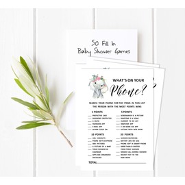 Inkdotpot 50 What's In Your Phone Baby Shower Game Cards Baby Elephant Girl Jungle Animals Activity Cards Party Idea Baby Shower Party Supply