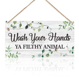 Green Wash Your Hands Sign, Wash Your Hands Ya Filthy Animal Wall Art Decor, Restroom Home Bathroom Living Room Kitchen Wall Decor Sign, 6x 11 Inch