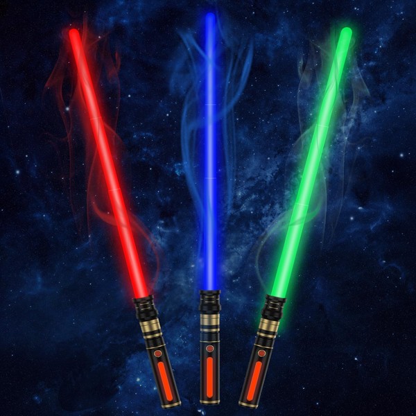 KEGOZ Lightup Sabers for Kids, 3 Packs 3 Colors Light Up Sword with FX Sound (Motion Sensitive) and Glowing Handle, Expandable Lightup Sabers Set for Halloween Xmas Children's Day Gifts