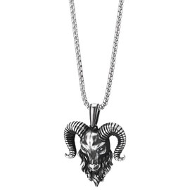 COOLSTEELANDBEYOND Mens Steel Goat Head Pendant Necklace, Vintage Big Horn Aries Ram Goat Head, 30 Inches Wheat Chain