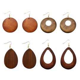 4 Pairs Ethnic Big Geometric Round Circle Teardrop Wood Dangle Earrings Wooden Drop Sets for Women