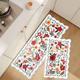 Kitchen Rugs, 2PCS Waterproof Kitchen Mats, Cushioned Anti Fatigue Kitchen Mat, Non-Slip Boho Comfort Mat for Kitchen, Floor Home, Sink, Laundry,17.3"x28"+17.3"x47", White &Pink (White)
