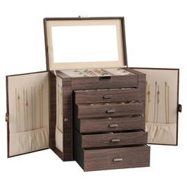 Frebeauty Large Jewelry Box,6-Tier PU Leather Jewelry Organizer,Multi-functional Storage Case with Mirror,Accessories Holder with 5 Drawers for Necklace Bracelets Watches(Tree Brown)