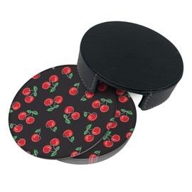 Red Black Fruit Cherry Coasters for Drinks Round Leather Coaster with Holder Set of 6 for Tabletop Protection Desk Accessories Office Home Room Decor