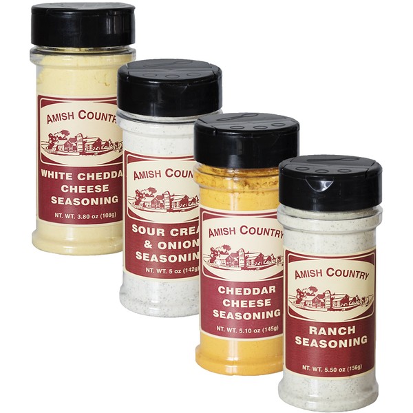 Amish Country Popcorn | Seasoning Variety Pack | 4 Bottles | White Cheddar - Cheddar Cheese - Sour Cream & Onion -Ranch | Nut Free | Old Fashioned with Recipe Guide
