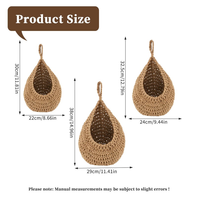 3 Pack Teardrop Woven Hanging Basket Wall Basket Cotton 3