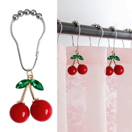 Ganchos de cortina para decoración de baño de cerezo para barra de ducha (12 unidades), anillo de cortina de acero inoxidable de metal a prueba de óxido, decoración con colgante de cereza