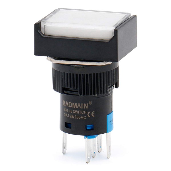 Baomain 16mm Push Button Switch Momentary Rectangular Cap LED Lamp White Light DC 12V SPDT 5 Pin Pack of 5