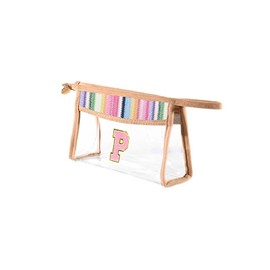 Eptaufty Clear Letter A-Z Initial Makeup Bag with Zipper Traveling,Rainbow Boho Straw Chenille Cosmetic Bag Sunscreen SPF Beach Pouch for Women Skincare,Preppy Patch Toiletry Bag for Girl