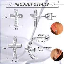 Sllaiss 925 Sterling Silver Cross Stud Earrings Cubic Zirconia Stud Earrings for Women Small Cartilage Earrings Screw Back Earrings White Gold Stud Earrings Set, Sterling Silver Cubic Zirconia, Cubic