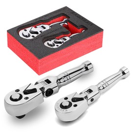 UYECOVE 1/4 3/8 Inch Drive Stubby Ratchet Set, Flex Head Ratchet Set Mini Stubby Ratchet Wrench Set, 72 Tooth Quick Release Swivel Head Ratchet Flexible Socket Wrench with Storage Tray-4"&4.9"