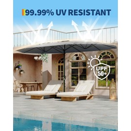 15FT Large Patio Umbrella with Base Included, Double-Sided Outdoor Market Rectangle Umbrellas Oversized Shade for 2-8 People, Weighted Base for Pool, Deck, Backyard (Grey)