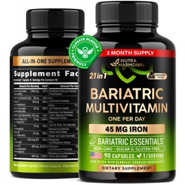 Bariatric Multivitamin - 45 mg Iron Supplements - Made in USA - for Women & Men - All-in-One, 21 Essential Vitamins - Gastric Sleeve Support - Free of Sugar, Gluten & Soy - 90 Capsules, Once Daily