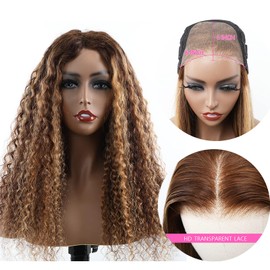 BLY Wear and Go Glueless Wigs Human Hair Pre Plucked HD Transparent Pre Cut Lace Front Wigs Deep Wave Curly Hair 4/27 Ombre Chestnut Brown to Honey Blonde Highlights Hair for Women 24 Inch