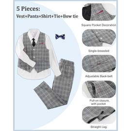 LOLANTA 5-Piece Kid Boys Waistcoat Suit Set, Page Boy Checked Wedding Birthday Party Gentleman Suits, Vest Pants Shirt Bow Tie Formal Wear Outfits（Grey, 8-9 Years, Tag Size 140