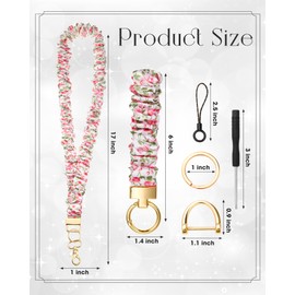 Marspark 1 Set Scrunchie Lanyard for ID Badges Wrist and Neck Lanyard Set Scrunchie Keychain Wristlet, Stretchy Key Chain Wrist Bracelet for Car Keys(Floral,Pink)