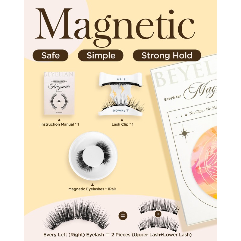 BEYELIAN Magnetic Eyelashes, 1 Pair Natural Look Reusable Magnetic Eyelashes