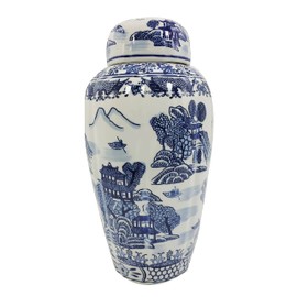 Galt International 16" Blue and White Urn Style Ceramic Porcelain Ginger Jar Classic Temple Landscape Design Home Decor