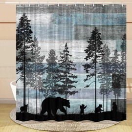 Viajar Bear Shower Curtains for Bathroom, Wild Animals Rustic Cabin Forest Shower Curtain Set, Bear Print Wooden Board Fabric Bathroom Accessories Restroom Decor 12 Hooks Included (72" W X 72" H)