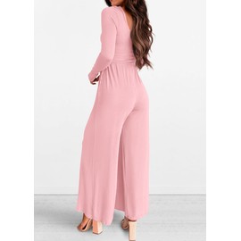 KIRUNDO Women's 2025 Summer Fashion Long Sleeve Wide Leg Jumpsuits Casual Dressy One Piece Square Neck Long Romper Pockets(Pink, Medium)