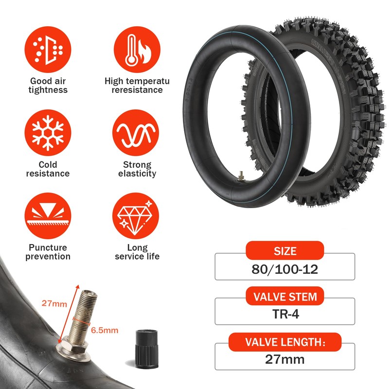 Mopillos 80/100-12 3.00-12 Dirt Bike Rear Tire and Inner Tube