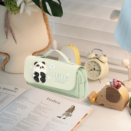 Cute Pencil Case for Girls, Portable Pencil Pouch Organizer for School Kids Elementary (Panda Green)