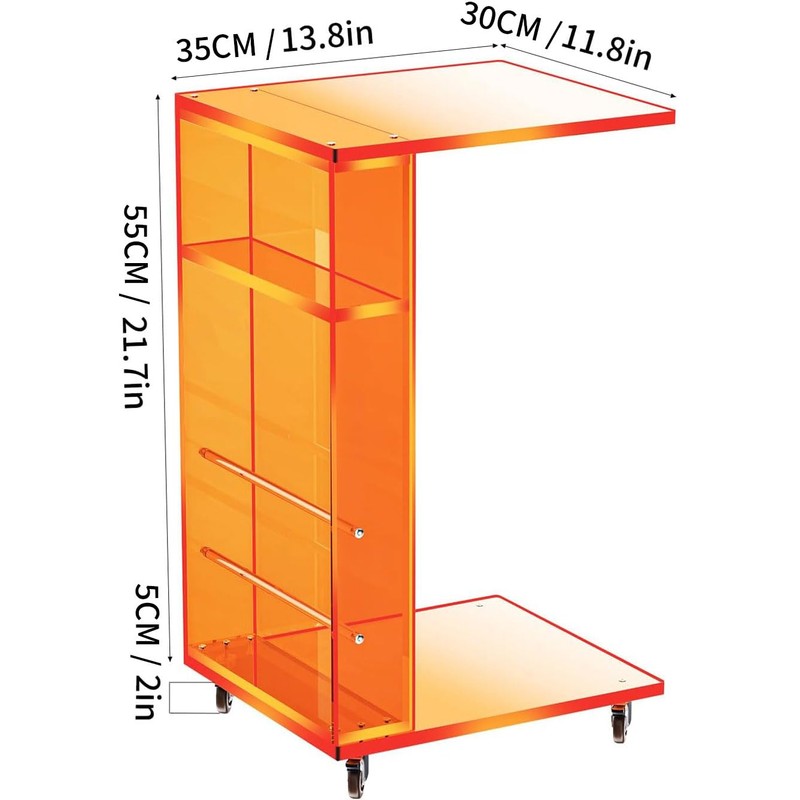 Clear Acrylic Side Table on Lockable Wheels, C Shaped End