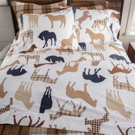 Rod's Western Trail Ride (Sheet Set)-4 Piece Queen Sheet Set-Plaid Horse- Blue Brown Tan Rust -Top Sheet(92x102)-Fitted Sheet (60x80x15in) Two Standard Pillow Cases (20x30in)-Cotton