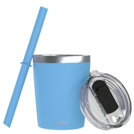 CUPKIN Stackable Stainless Steel Kids Cup Smoothie Tumbler - Powder Coated Insulated Tumblers, BPA Free Lid and Silicone Straw (8 Fl Oz (Pack of 1), Bright Blue)