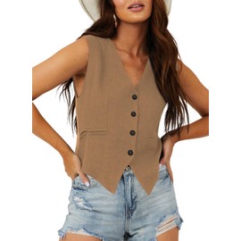 Dokotoo Womens Waitress Uniform Vest Waistcoat V-Neck Button-down Formal Business Suits Solid Color Versatile Tuxedo Suit Khaki Large