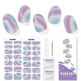 DUKASOU Semi Cured Gel Nail Strips, 28pcs Real Nail Polish Art Stickers/Wraps Need UV Light, Includes Prep Pads, Nail File & Wood Stick, Sticker Nails for Women Girls Kids DIY Gifts（Colorful)