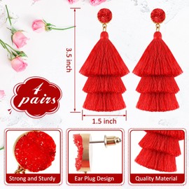Bonuci 4 Pairs Tassel Earrings Red Earrings for Women Tassel Earring for Women Bohemian Druzy Stud Dangle Birthday Christmas Wedding Daily (White, Red, Rose Red, Black)