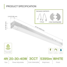 ASD 4ft LED Linear Strip Light Fixture with Q-Base | UL DLC Stairwell Certified Luminaire 20W-40W 120-277V Linkable LED Shop Light | 3500K-5000K Adjustable Commercial Ceiling Light Fixture