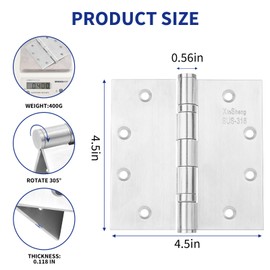 XinSheng 316 Stainless Steel Door Hinges 4.5x4.5 Inch Heavy Duty Marine-Grade Rust Proof Ball Bearing Hinges for Exterior Outswing Doors, High-Salt Environments Non Removable Pin 3 Pack
