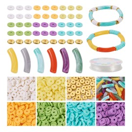 72 piezas de abalorio de bambú para hacer pulseras de tubo curvado de acrílico, 6 colores, abalorio gruesas, abalorio de arcilla polimérica, abalorio de disco de latón para hacer pulseras y joyas