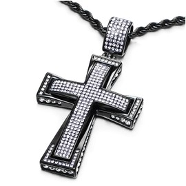 COOLSTEELANDBEYOND Mens Womens Large Black Steel Cross Pendant Necklace with Cubic Zirconia, 30 inches Wheat Chain(CA)
