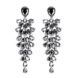 BriLove Women's Wedding Bridal Earrings Rhinestone Crystal Multi-Layer Teardrop Cluster Bling Statement Dangle Chandelier Black Silver-Tone