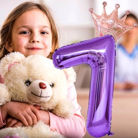 40 Inch Rose Gold Crown Number 7 Balloons, 7th Birthday Balloons for Men Women, Purple 7 Celebration Decor Happy 7th Birthday Party,0-9 Decoration Wedding Anniversary Events Supplies (Purple 7)