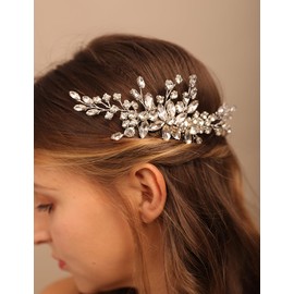 Teyglen Silver Rhinestone Wedding Hair Comb Flower Headpiece for Bride Side Comb Bridal Crystal Hair Piece Hair Accessories for Women (Silver)