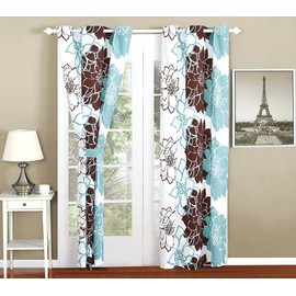 All American Collection New 4pc Flower Printed Curtain Set for Reversible Bedspread Set (Panel, Turquoise/Brown)