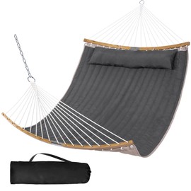 SUNCREAT Portable Double Hammock with Curved Spreader Bar, 450 lbs Capacity, Heavy Duty Outdoor Hammock with Outer Bag, Dark Gray