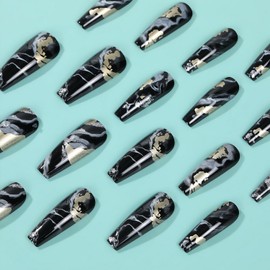 24 Pcs Black Marble Press on Nails Silver Glitter Fake Nails Designs Extra Long Coffin Shaped False Nails Bling Acrylic Nails Full Cover Stick on Nails for Women Girls Women DIY Manicure