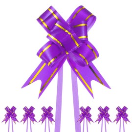 M METERXITY 200-Pack Ribbon Pull Bows, 2.56 Inch / 6.5cm Plastic Gold Edge Ribbon Bows for Gift Wrapping/Wedding/Flowers/Baskets Decorations, Satin Pull Bows [Purple Gift Bow]