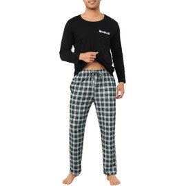 Vlazom Men's Pyjamas Sets Long-Sleeve Pj's Set Soft Loungwear Solid Top and Check Pant with Pockets D-Black/Grey,XL