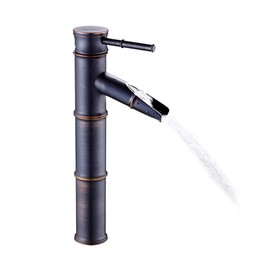Oak-Pine Antique Copper Bamboo Design Waterfall - New Version Commercial Modern Faucet Black Bronze Stainless Steel 3 Joint Bathroom Lavatory Sink Faucet Without Pop Up Drain