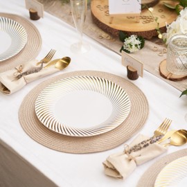 MATANA 20 White Plastic Plates with Gold Rim for Weddings, Birthdays, Christmas & Parties, 26 cm, Reusable & Stable