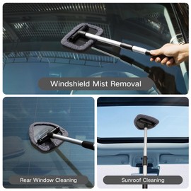 Qydipclin 10pcs Windshield Cleaning Tool Inside Car Window Cleaner Wash Kit with 4 Reusable Microfiber Pads 1 Spray Bottle and Extendable Handle Interior Auto Glass Wiper Kit, Gray